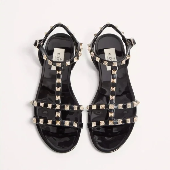 Valentino Garavani Black and Gold Studded Sandals - Picture 1 of 5